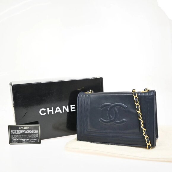 CHANEL CC Logo Full Flap Chain Shoulder Bag Leather Blue GHW Italy - Picture 1 of 16